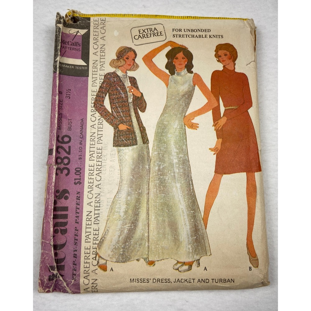 Vintage 1973 McCalls 3826 Pattern Misses Dress Jacket Turban Size 8 Bust 31.5